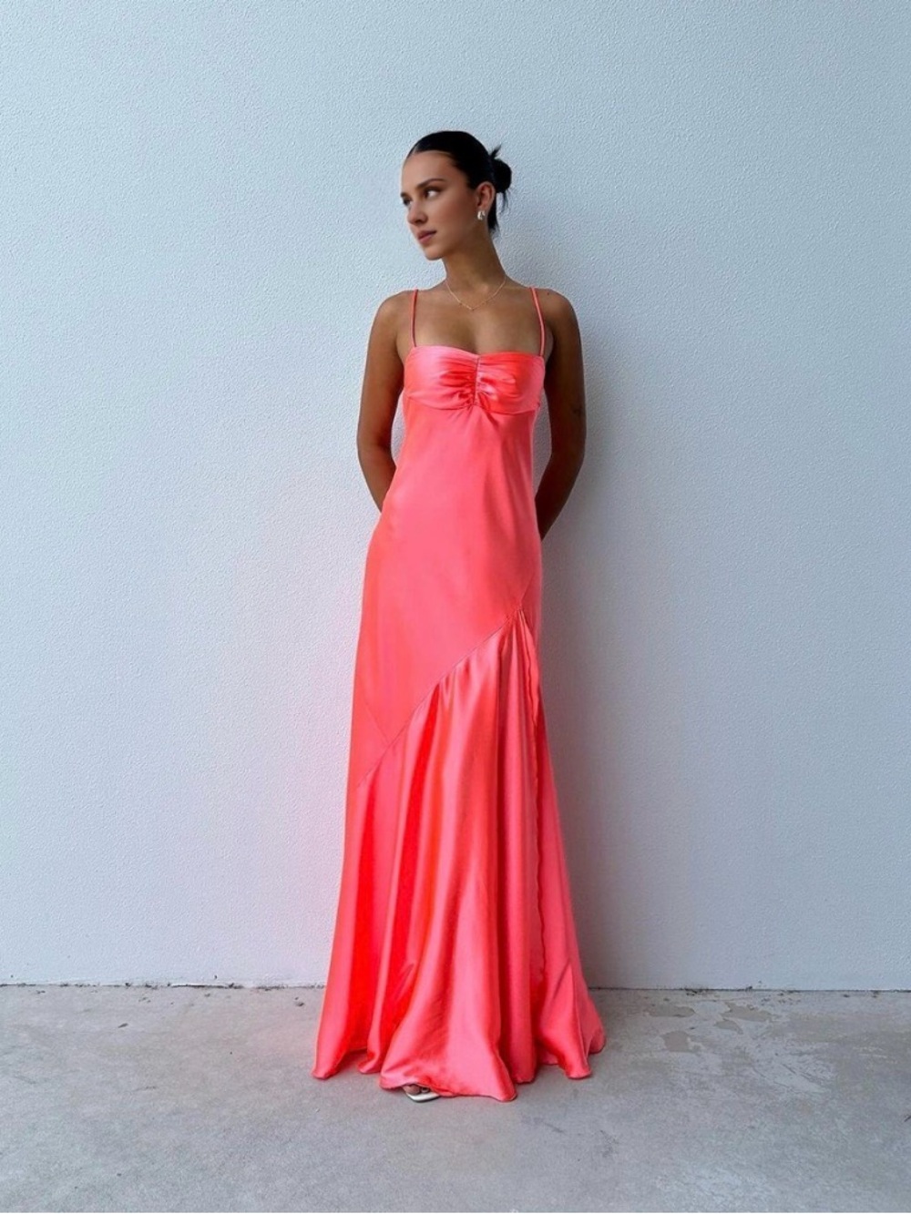 Satin Slip Prom Dress in Neon Coral